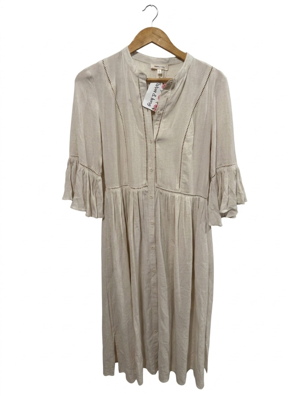 Hailey & Co NWT Beige Linen-Blend Boho Midi Dress with Bell Sleeves - Size Small